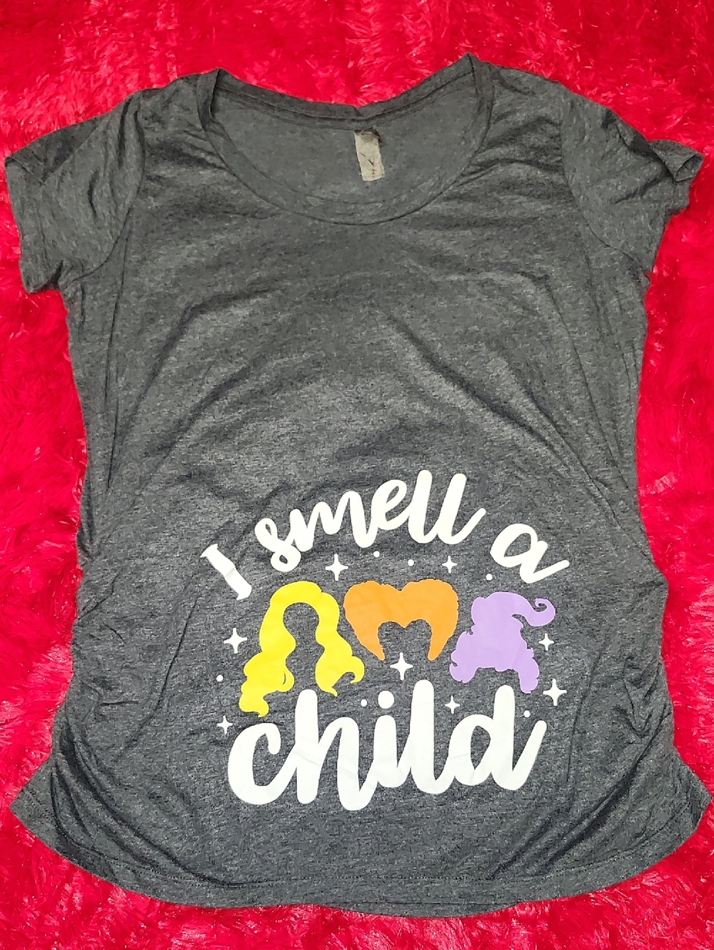 Maternity Gray Short Sleeve Graphic Tee with Yellow Orange Purple Accents